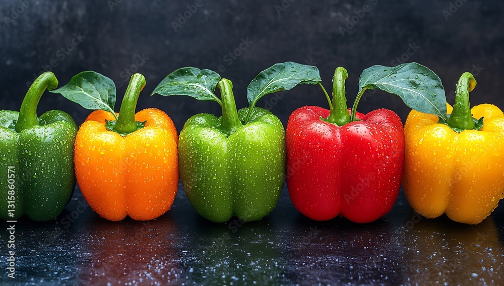 Poster assorted fresh bell peppers with glimmering water drops set against a dark backdrop : generative ai