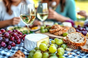 Table with a variety of food and drinks, including wine glasses and a cheese plate. Scene is relaxed and social, as people are gathered around the table to enjoy the food and drinks