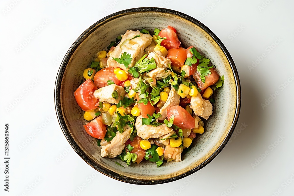 Poster delicious chicken salad with tomatoes and corn topped with fresh herbs in a rustic bowl : generative