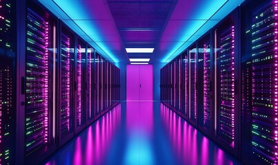 Futuristic server room showcasing illuminated data equipment with a sleek design and vibrant colors : Generative AI