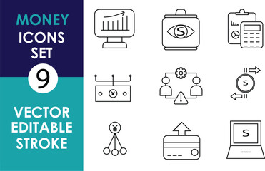 A minimalist vector icon set with editable strokes, featuring financial themes like charts, wallets, calculators, credit cards, currency exchange, transactions, organizational structures