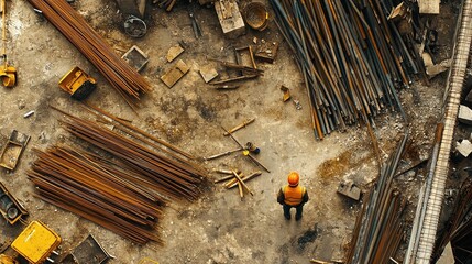 Construction Site Overhead View of Scattered Materials and Tools