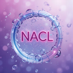 Create an image of a salt molecule (nacl) dissociating in water, highlighting the ionic bonds between sodium and chloride ions. Ionic. Illustration