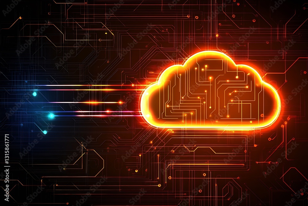 Poster Dynamic glowing cloud icon with motion effects against a high-tech circuit background depicting data transfer : Generative AI