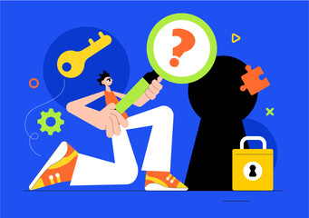 Escape Room Vector Illustration featuring People Solving Puzzles, Searching for Keys, Escaping Traps, and Finding Solutions to Challenging Questions