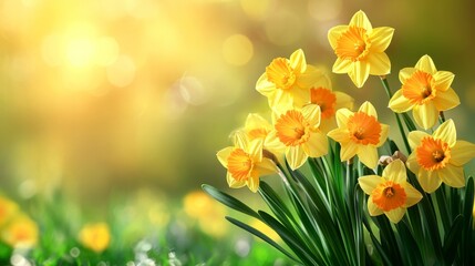Obraz premium A close-up of blooming daffodils in the spring season, with soft sunlight in the background 