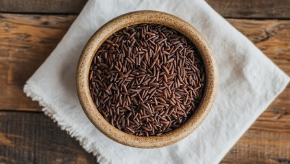 Natural black rice grain displayed in a rustic bowl on a textured fabric for an elegant kitchen look : Generative AI
