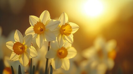 Fototapeta premium A close-up of blooming daffodils in the spring season, with soft sunlight in the background 