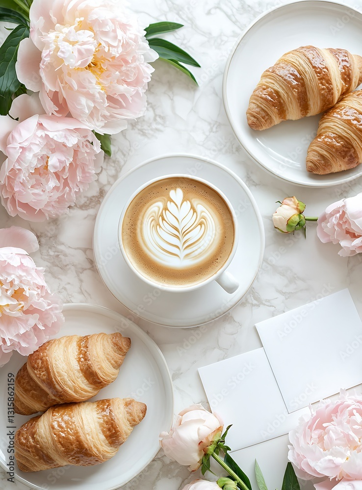 Poster top view of freshly brewed coffee with latte art and croissants next to lovely peonies : generative 