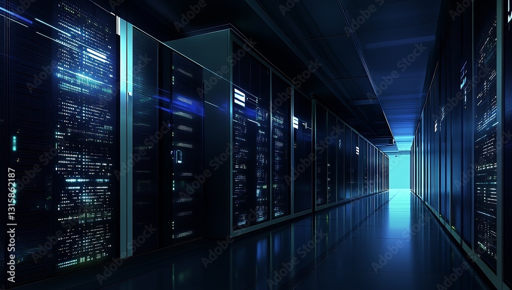Aufkleber futuristic data center corridor with high tech servers and blue lighting : generative ai