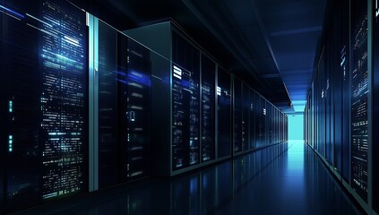 Futuristic Data Center Corridor with High Tech Servers and Blue Lighting : Generative AI