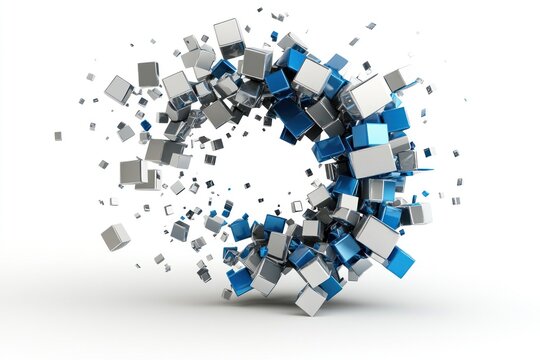 Fototapeta Exploding blue and silver cubes forming a ring on white background.