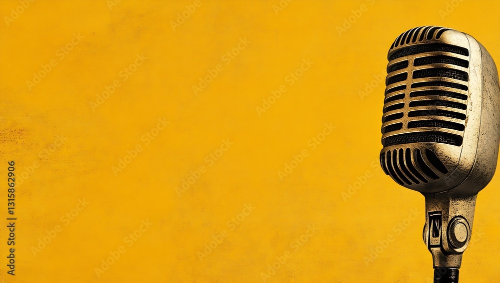 Poster Retro styled microphone against a vibrant yellow background perfect for music and audio projects : Generative AI