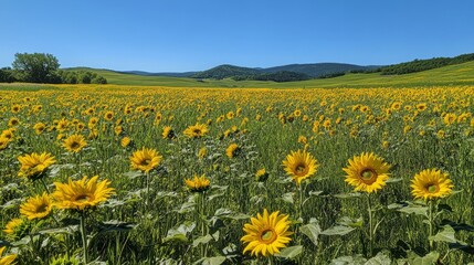 Fototapeta premium A field of sunflowers blooming in the spring, under a bright, clear blue sky 