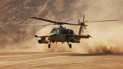 Military helicopter taking off in a desert environment, kicking up dust