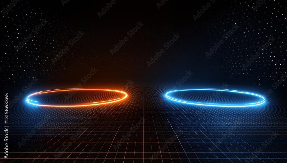 Poster digital abstract scene showcasing contrasting blue and orange glowing rings projected onto a grid pl