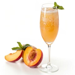 Fototapeta premium Refreshing Peach Bellini Cocktail with Mint Garnish in Frosty Champagne Flute