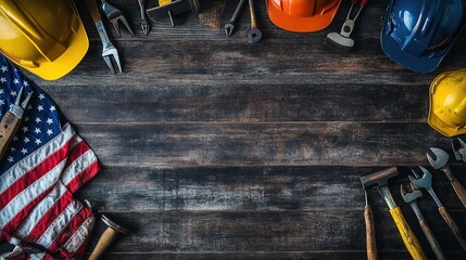 Happy Labor Day Celebration with American Flag and Tools Display