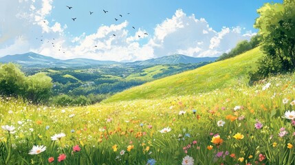 Fototapeta premium A lush green spring hillside with colorful blossoms and birds flying overhead 
