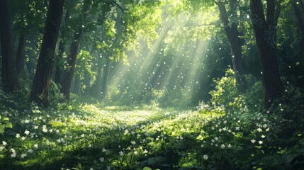 Obraz premium A lush spring forest with sunlight streaming through the trees, fresh green leaves everywhere 