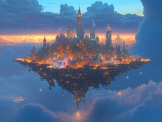 Fototapeta premium Floating City Above Clouds with Bright Lights and Majestic Skyscrapers
