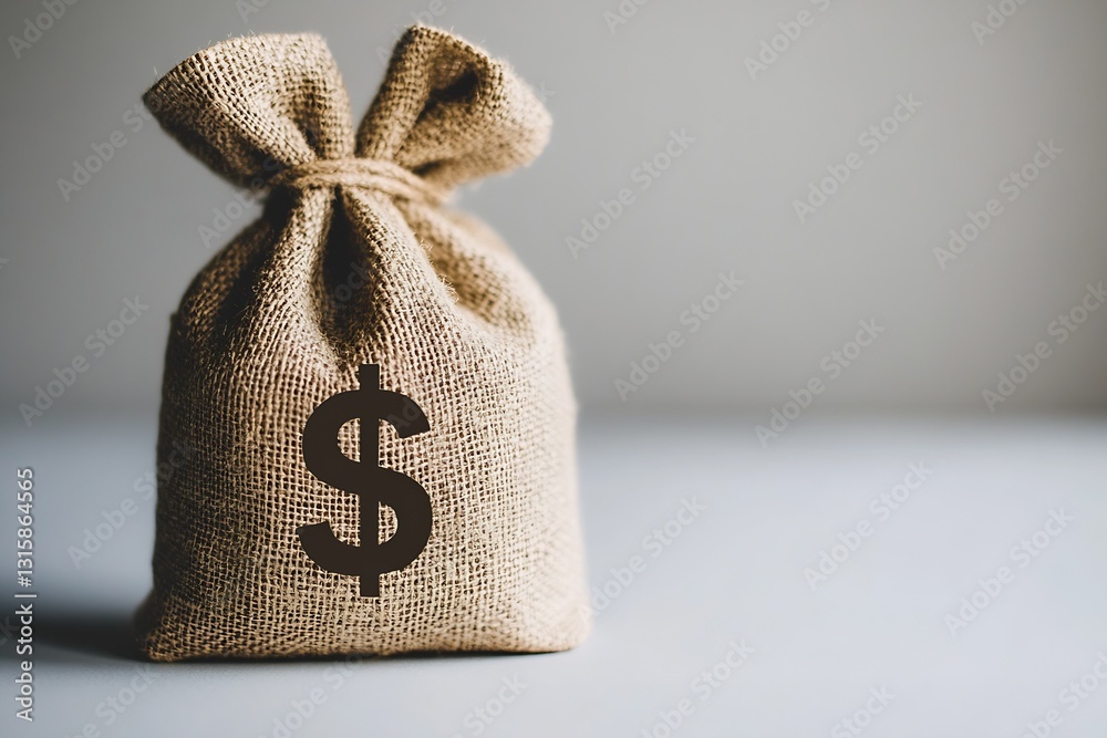 Poster creative composition of a burlap sack marked with a dollar sign representing financial growth and sa