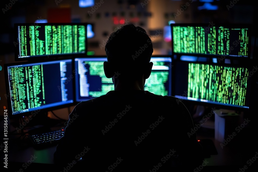 Poster Silhouetted figure working at a desk with multiple monitors filled with green code in a dark room : Generative AI