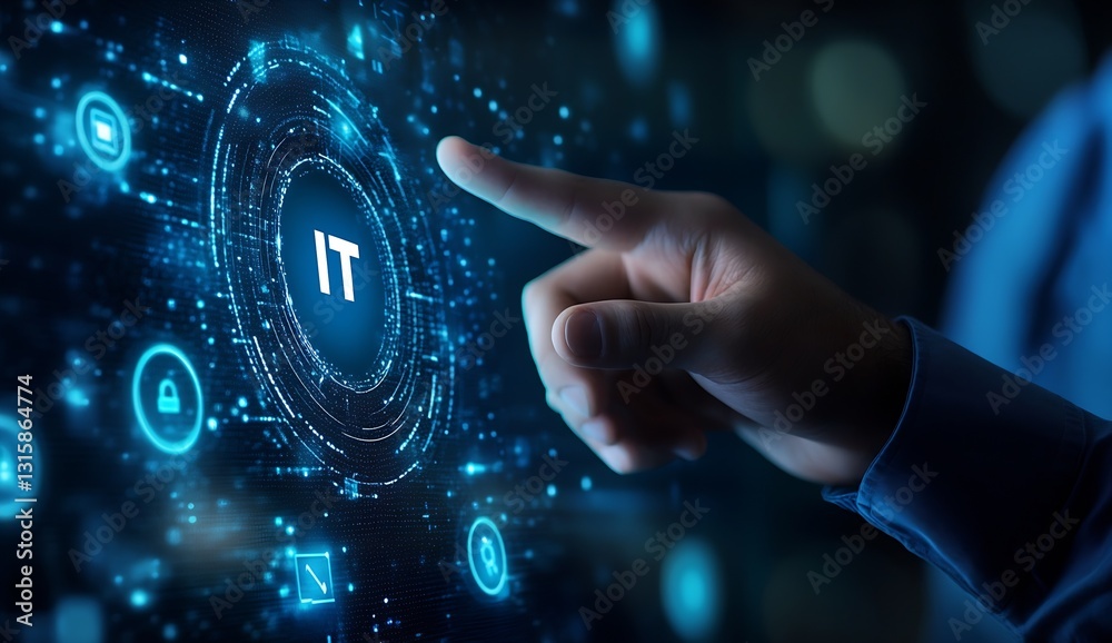 Poster Person Interacting with a Futuristic IT Interface on a Digital Screen : Generative AI