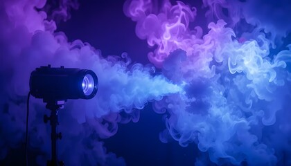 blue purple spotlight projector on abstract smoke texture . glowing screening for cinematography and filming multimedia production . picture can horizontal and vertical editing form .