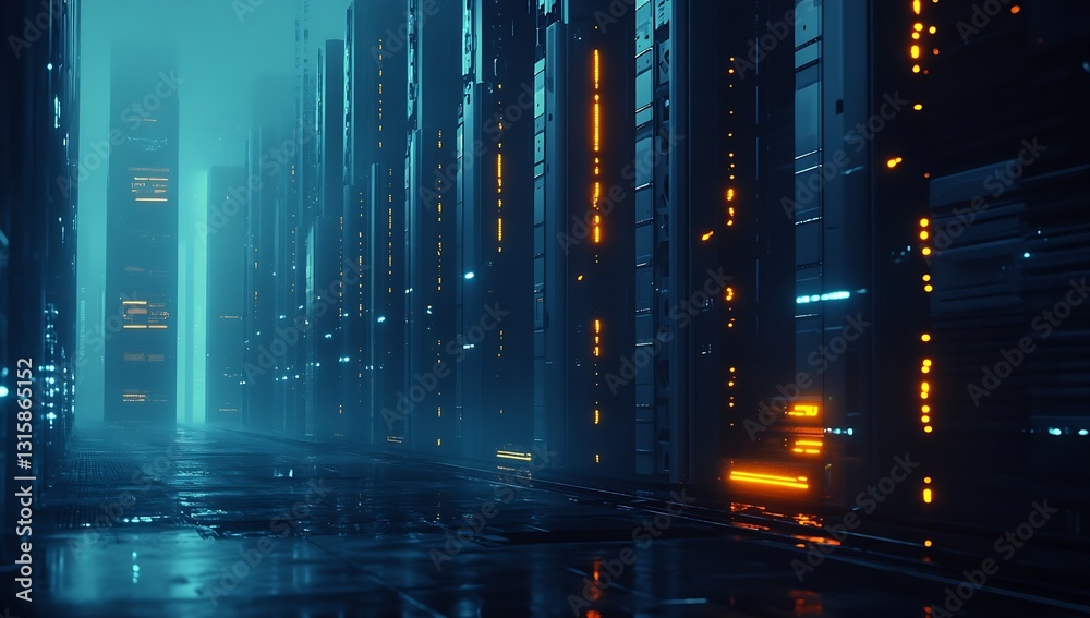 Aufkleber illuminated server corridor with vibrant orange and blue lights creating a mystical digital landscap