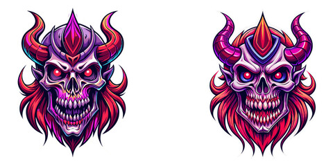 Obraz premium A grinning abstract skull with twisted horns, sketchy bold lines, and a dark fantasy mix of black, dark purple, and crimson red