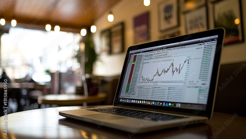 Poster Dynamic Financial Graphs Displayed on Laptop in Bright and Minimalist Cafe Environment : Generative AI