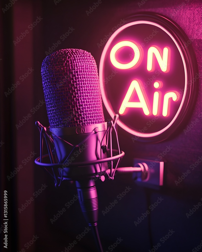 Poster Stylish microphone showcased with neon On Air sign creating a dynamic sound setting : Generative AI