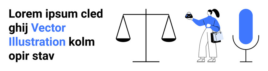 Woman holding clipboard and balance weights next to a scale and microphone, conveying fairness, decision-making, communication. Ideal for law, justice, equality, conversation, productivity civic