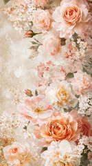 Vintage Floral Pattern with Soft Peach and Cream Roses – Elegant Botanical Design
