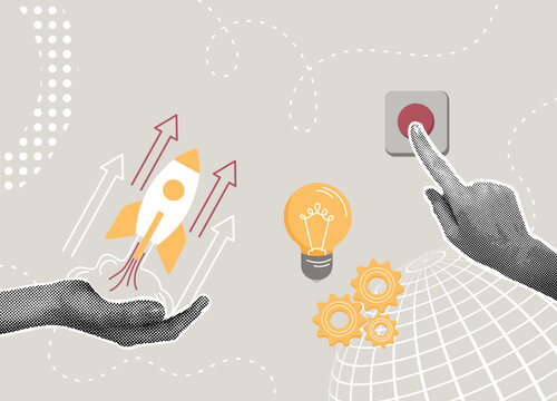 Trendy halftone collage. Concept of starting a new business, fast start,strive to win, ignite growth, launch your ideas. Hand presses start button for quick start of new business