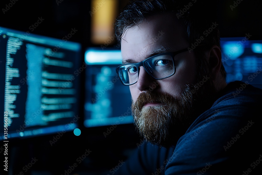 Poster Focused young man with glasses working at a computer desk with multiple screens displaying code : Generative AI