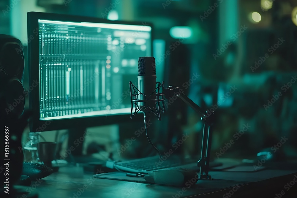 Aufkleber Close-Up of Microphone on Desk with Computer Interface for Recording Music : Generative AI