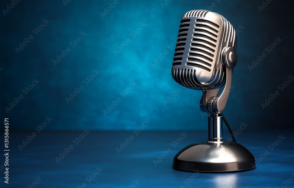 Poster Stylish microphone on a blue surface with artistic lighting creating a stunning visual effect : Generative AI