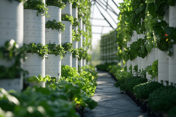 Fototapeta premium Sustainable Vertical Farming, A Modern Greenhouse Cultivating Fresh Produce