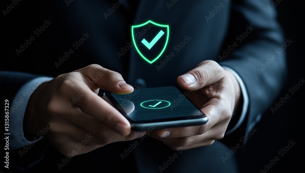Poster businessman holding smartphone with shield icon symbolizing security and protection : generative ai