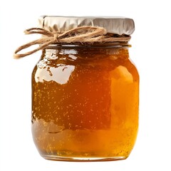 Golden honey in a stylish glass jar with a rustic covering showcasing its natural allure and richness : Generative AI