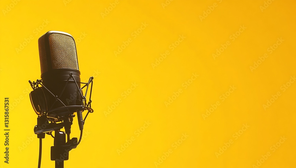 Poster Professional microphone setup with a vibrant yellow background perfect for music and audio projects : Generative AI