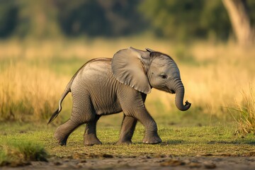 Fototapeta premium Cute baby elephant walking with its trunk slightly raised, cut out.