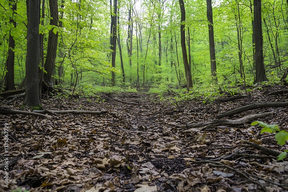 Aufkleber Pathway Through a Lush Forest with Abundant Greenery and Leaf-Littered Ground View : Generative AI