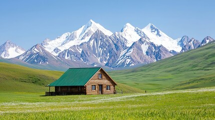 Rustic Wooden Cabin Surrounded by Lush Green Fields and Snow-Capped Mountains Under a Clear Blue Sky in High Alpine Landscape