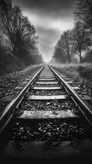 Obraz premium Serene Railway Tracks in a Foggy Landscape: Black and White Journey Through Nature and Industry