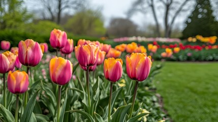 Fototapeta premium A spring scene with colorful tulips in full bloom, bright green grass, and a clear sky 