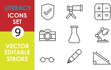 A minimalist vector icon set with editable strokes, featuring literacy and education themes like shield, telescope, calculator, camera, flask, lamp, glasses, pen, triangle