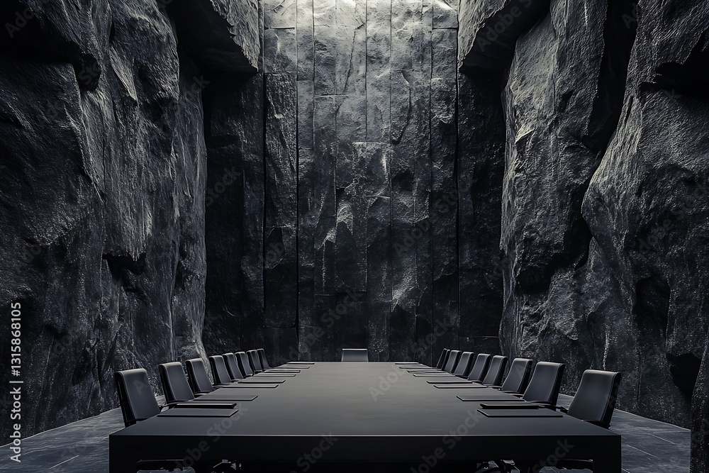 Poster spacious corporate conference room with imposing dark rock walls and a large central table : generat